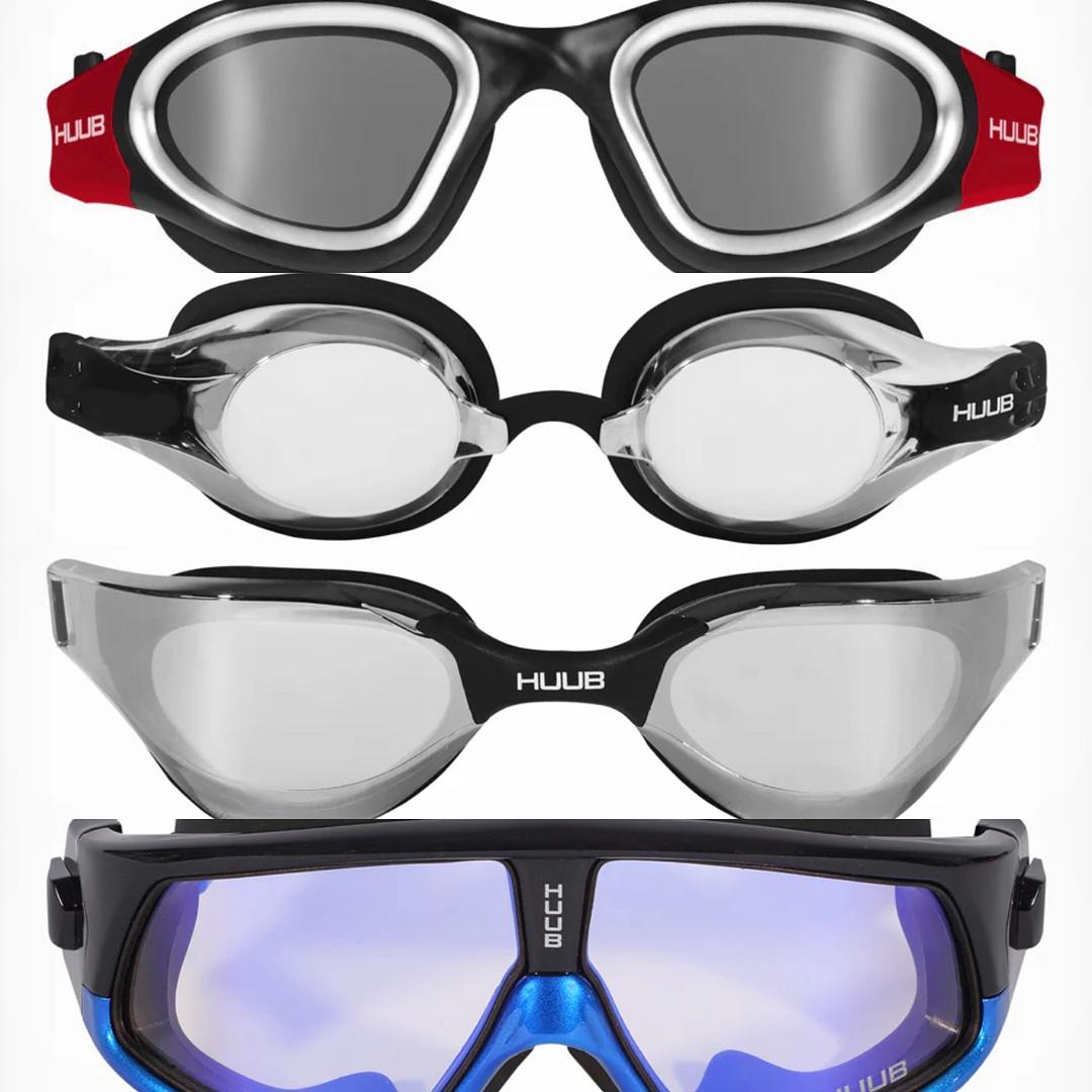 Four HUUB goggle designs showing different shapes, seals and lenses